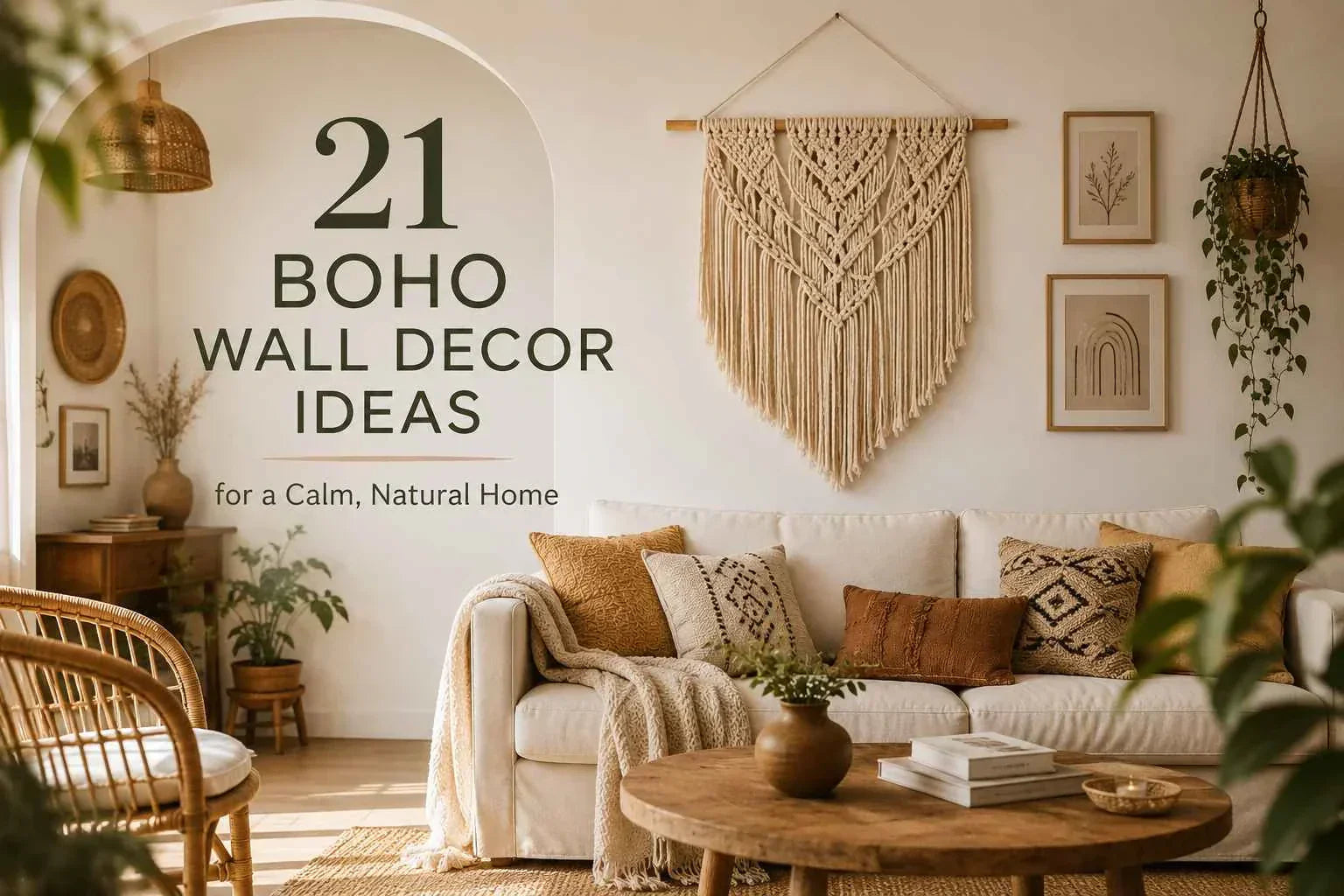Cozy boho living room with a handcrafted macramé wall hanging, woven baskets, natural wood furniture, indoor plants, and warm sunlight creating a calm, natural home.