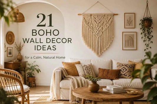 Cozy boho living room with a handcrafted macramé wall hanging, woven baskets, natural wood furniture, indoor plants, and warm sunlight creating a calm, natural home.
