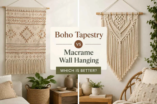 Side-by-side comparison of a boho tapestry and a macramé wall hanging in a cozy neutral living room.
