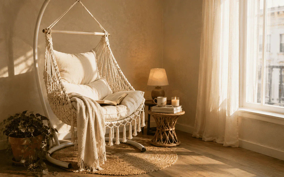 Cozy reading nook with cream macramé hammock chair, jute rug, warm morning light, and a small apartment styling  Hammora reading nook guide