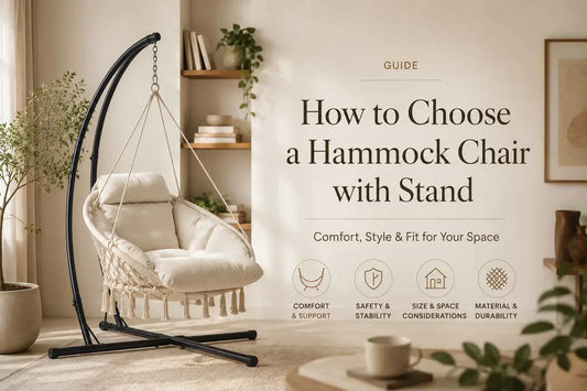 Cream hammock chair with stand in a bright apartment living room, illustrating how to choose the right hammock chair for comfort, size, and everyday use.