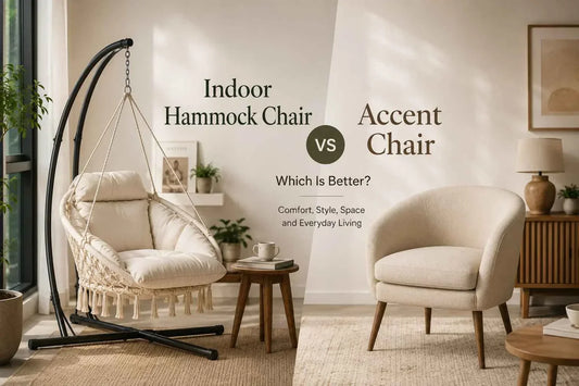 Side-by-side comparison of a cream hammock chair with stand and a neutral accent chair in a bright apartment, highlighting comfort, style, and small-space living.