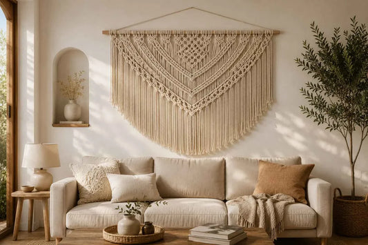 Large cream macramé wall hanging centered above a neutral sofa, demonstrating proper size and placement in a modern living room.