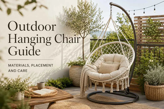 Outdoor hanging chair on a cozy patio with plants, blanket and side table illustrating materials, placement and care guide.