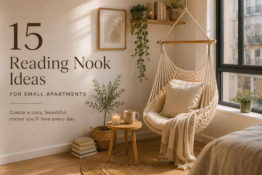 Cozy reading nook in a small apartment featuring a cotton hammock chair, wooden side table, books, and natural morning light.