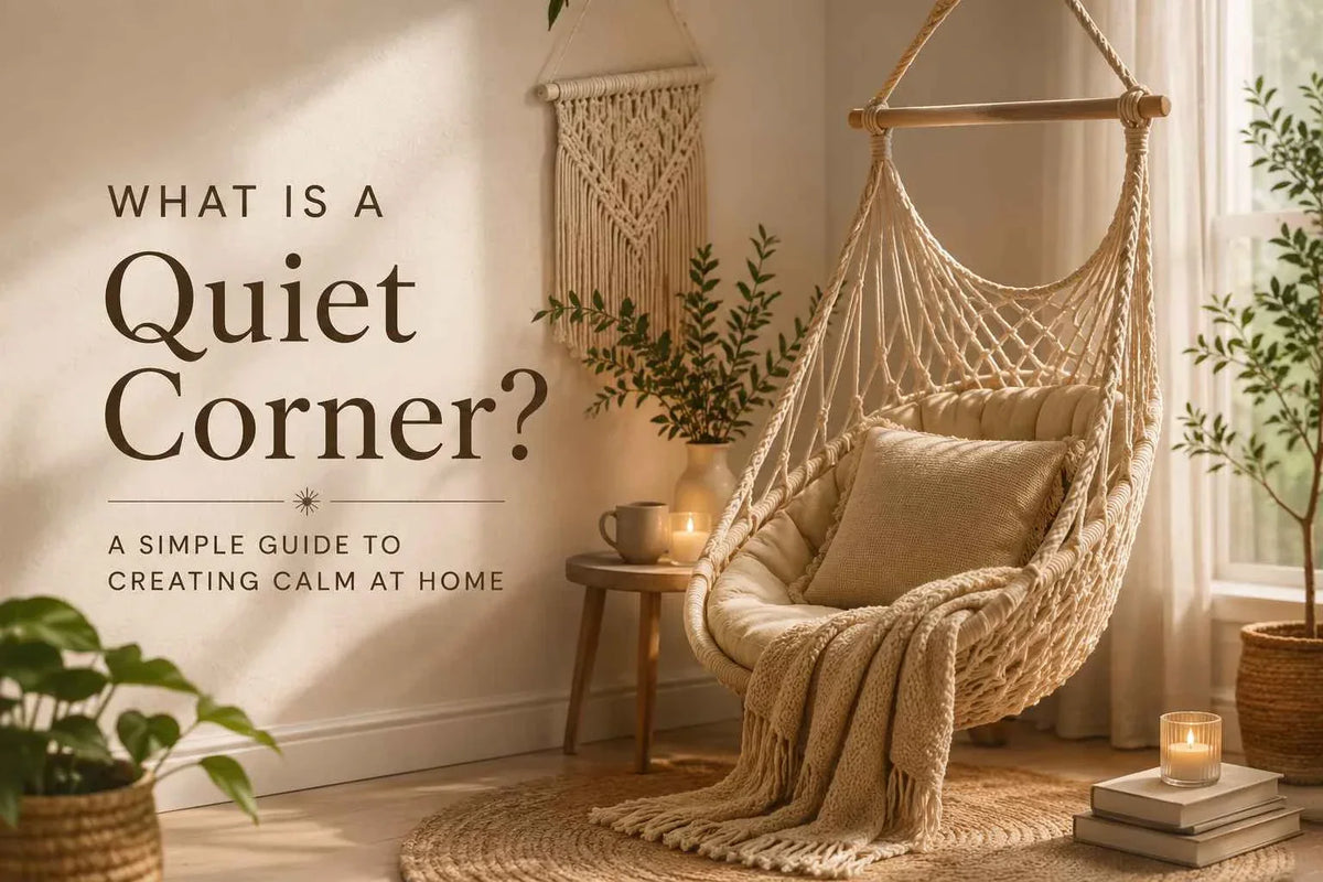 Cozy quiet corner featuring a macrame hammock chair, wall hanging, plants and natural light in a calm neutral living space.