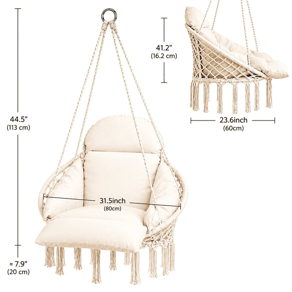 Hammora Cocoon Chair | Cream Macramé Hammock Chair with Cushion .