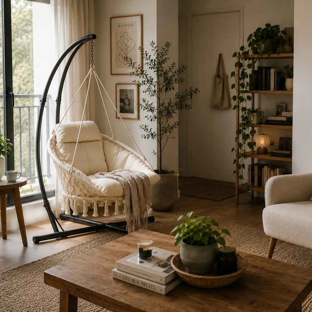 A cozy, modern living room featuring a white rope hanging chair on a black curved frame, a cream upholstered armchair with a patterned pillow, a wooden coffee table, and warm natural light from a large window.