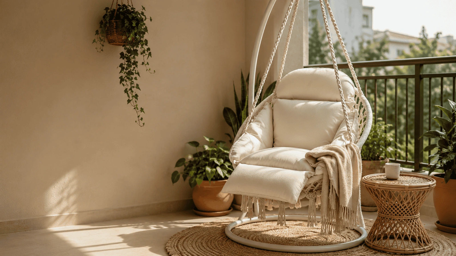 Cream macramé hammock chair with thick cushions on a sunlit modern apartment balcony, styled with terracotta planters, hanging ivy, jute rug, and a rattan side table Hammora cocoon chair