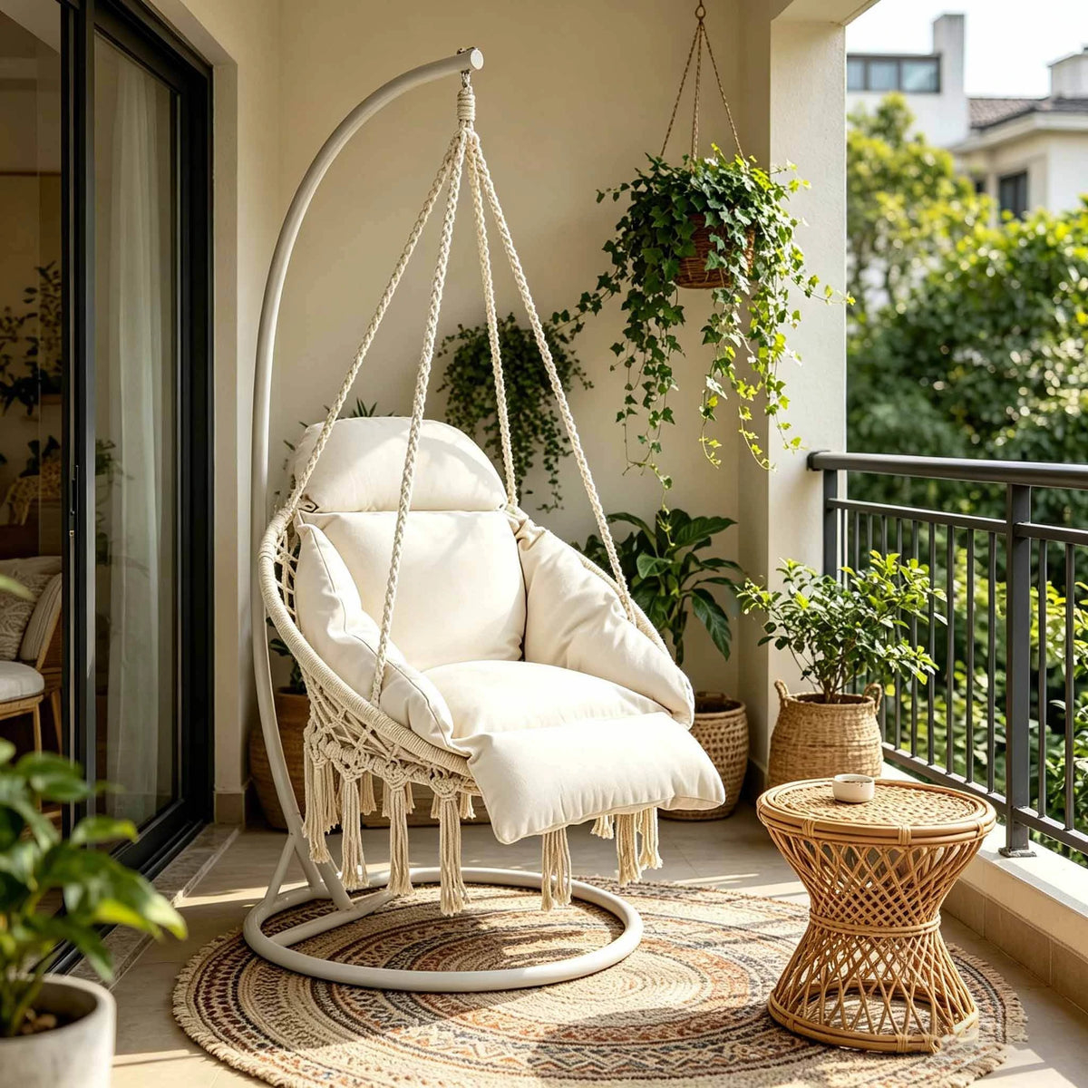 Hammora Cocoon Chair | Cream Macramé Hammock Chair with Cushion .