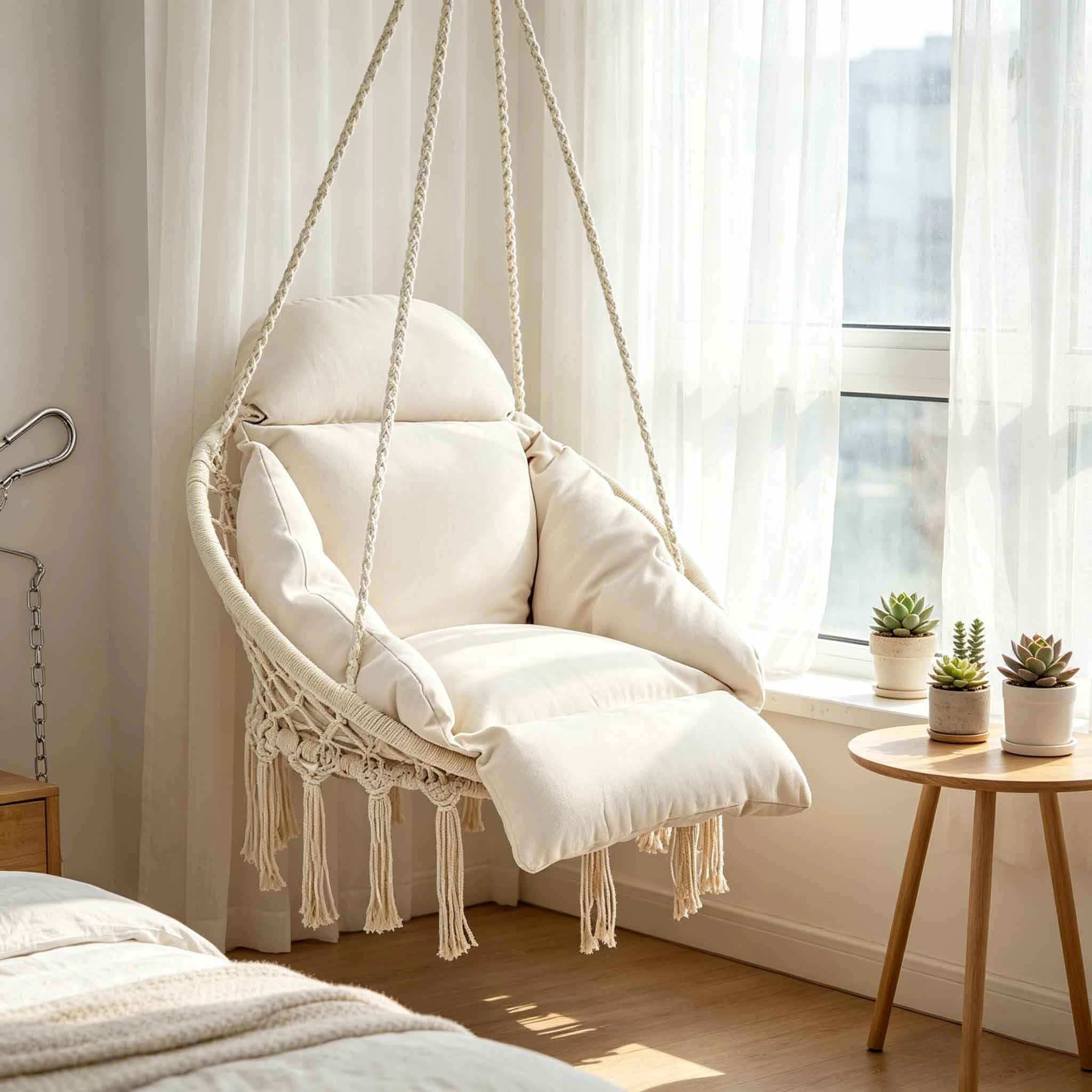 Hammora Cocoon Chair | Cream Macramé Hammock Chair with Cushion .