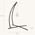 Black metal hammock stand with dimensions and weight capacity on a white background