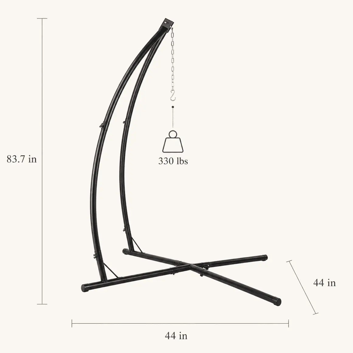 Black metal hammock stand with dimensions and weight capacity on a white background