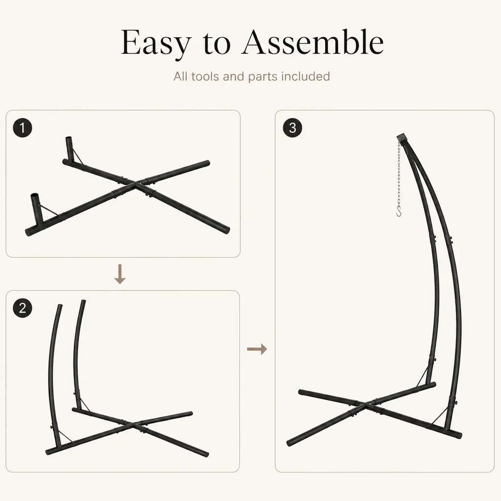 Step-by-step assembly diagram for a hanging chair with text 'Easy to Assemble' and 'All tools and parts included'.