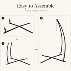 Step-by-step assembly diagram for a hanging chair with text 'Easy to Assemble' and 'All tools and parts included'.