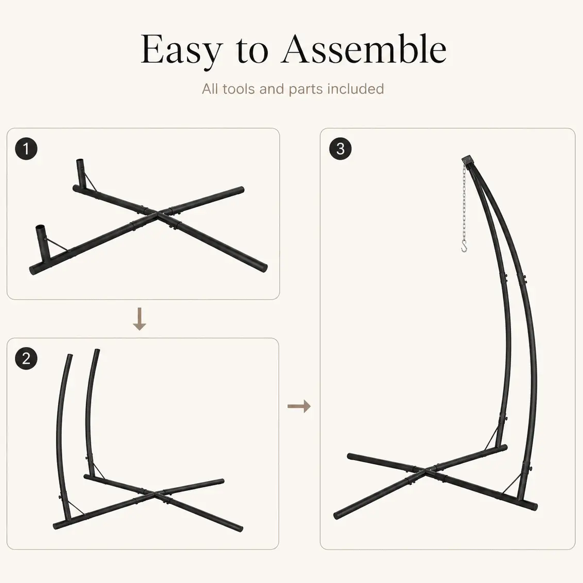Step-by-step assembly diagram for a hanging chair with text 'Easy to Assemble' and 'All tools and parts included'.