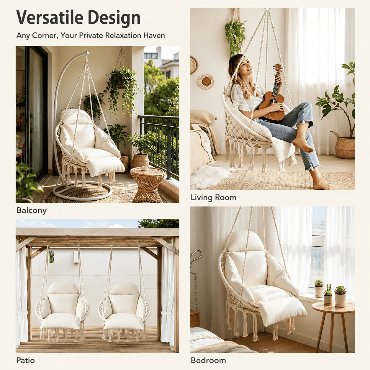 Hammora Cocoon Chair | Cream Macramé Hammock Chair with Cushion .