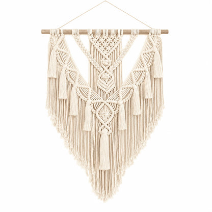 Hammora Solstice macrame wall hanging in cream cotton with geometric V-pattern and cascading fringe on white background