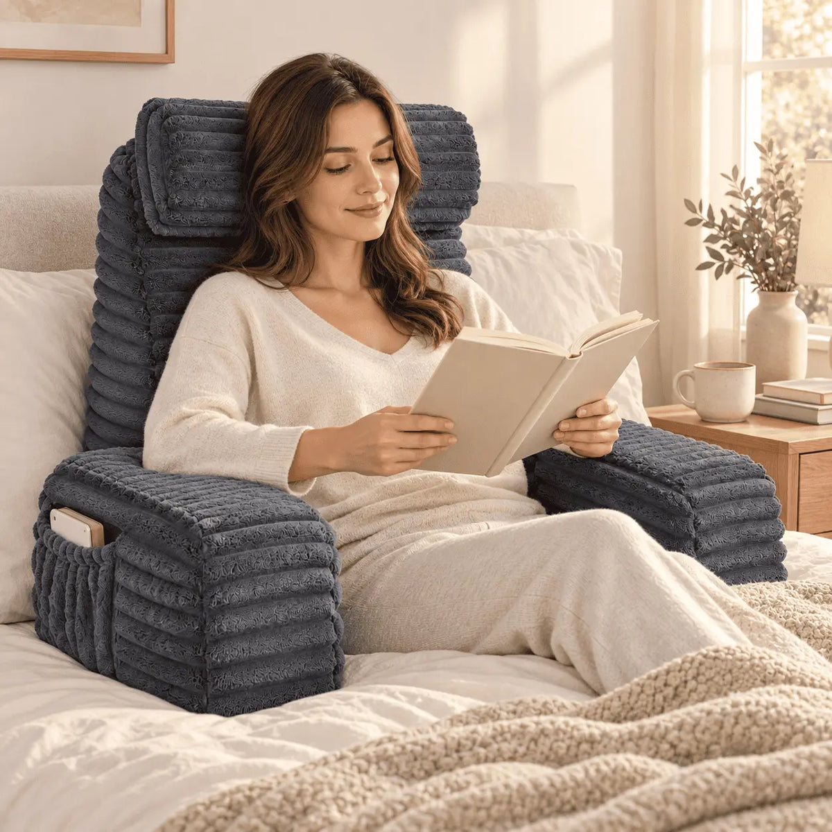 Woman reading comfortably with the Hammora Cloud XL Reading Pillow